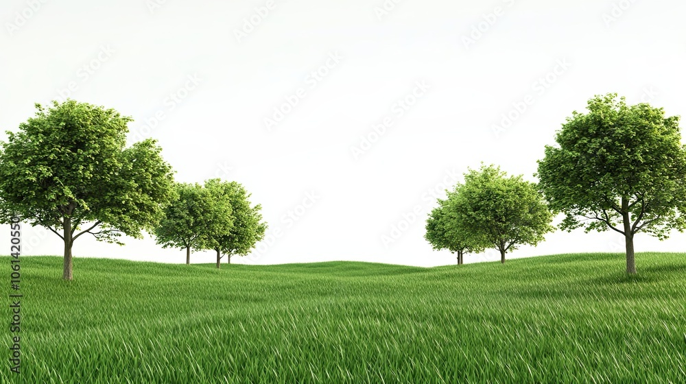 Obraz premium Lush Green Field with Four Trees Against a White Background