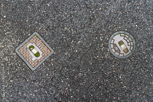 Street caps for shut-off valves for water and gas on a German street. These covers conceal fittings for shutting off house connections for construction work or emergencies