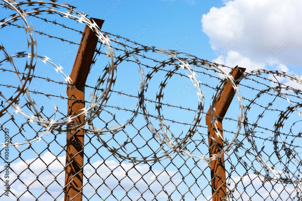 A close-up of a barbed wire fence against a blue sky, symbolizing security and confinement. A close-up of a barbed wire fence against a blue sky, symbolizing security and confinement.