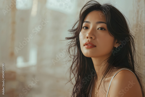 A woman with long hair and a nose ring is standing in front of a wall