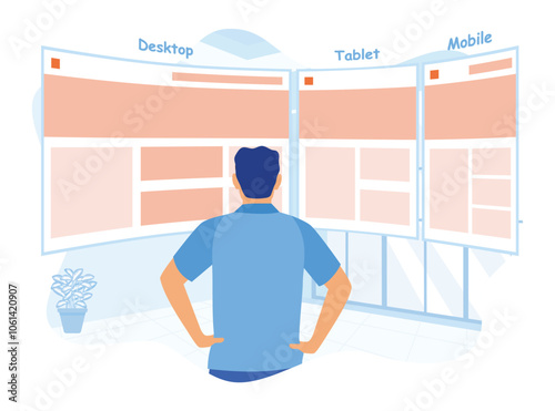 Designers develop websites for electronic devices. Sketch the wireframe layout. Web design concept.