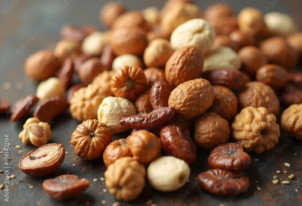 Nuts assortment on rustic surface, showcasing various textures and colors, perfect for healthy snacking or culinary use Nuts assortment on rustic surface, showcasing various textures and colors, perfect for healthy snacking or culinary use