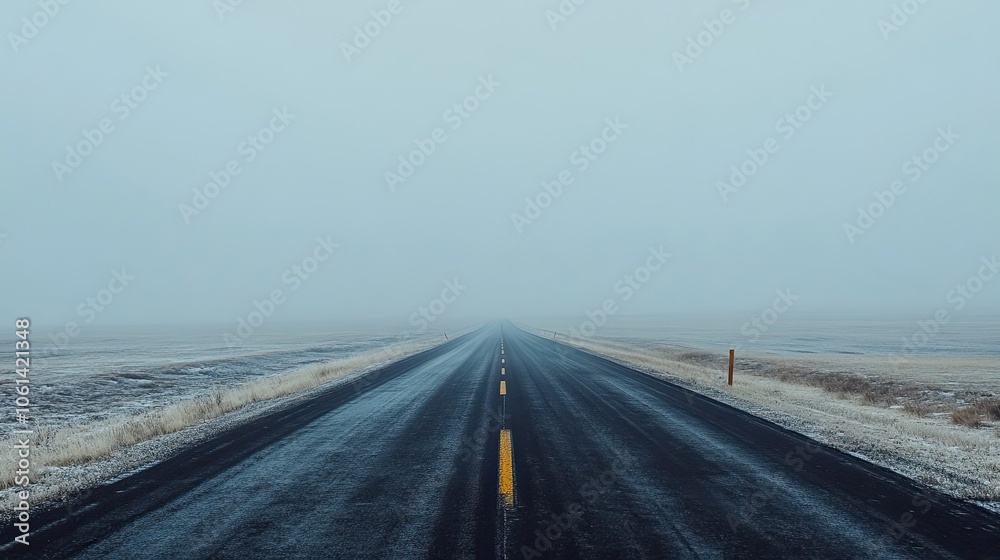 Fototapeta premium Empty Highway Disappearing into Fog on a Cold Day