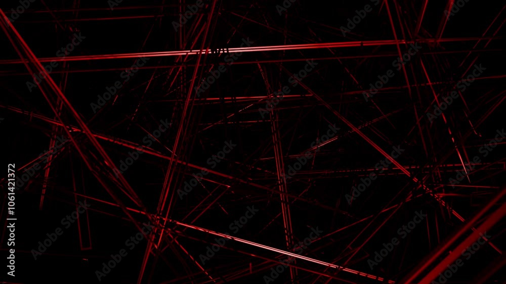 Looped mysterious screensaver with sharp bloody red lines on a black background in a scary movie style. Dark animation for art and music festival performance. Abstract motion graphics. Loop 4K 60fps