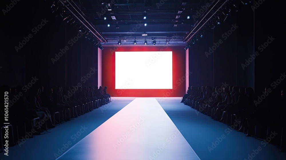 Empty Runway with Audience Silhouettes and a White Screen Empty Runway with Audience Silhouettes and a White Screen