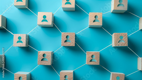 Seamless social network or connection concept using wooden square blocks on a blue background.