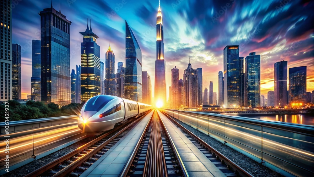 High-Speed Train in Modern Cityscape with Bokeh Effect and Motion Blur - Urban Transport, Dynamic Motion, Futuristic Architecture, and Vibrant City Life High-Speed Train in Modern Cityscape with Bokeh Effect and Motion Blur - Urban Transport, Dynamic Motion, Futuristic Architecture, and Vibrant City Life