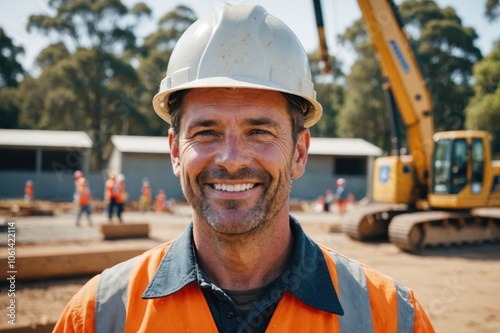 Close portrait of a smiling 40s Australian man construction worker looking at the camera, Australian outdoors construction site blurred background