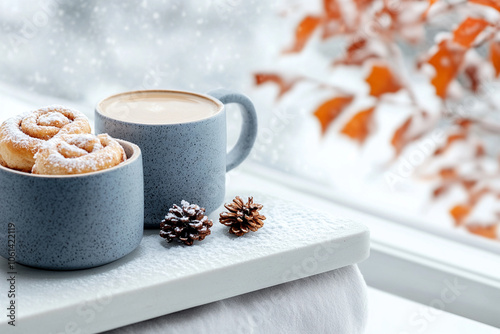 A breakfast table set for a winter morning, with mugs of coffee, cinnamon rolls, and a snowy view outside, bathed in the soft glow of morning light.