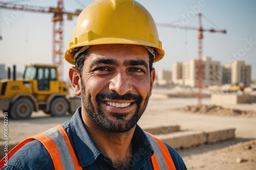 Close portrait of a smiling 40s Bahraini man construction worker looking at the camera, Bahraini outdoors construction site blurred background