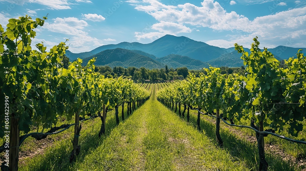 Naklejka premium Vineyard Rows Leading to Mountains Under a Blue Sky