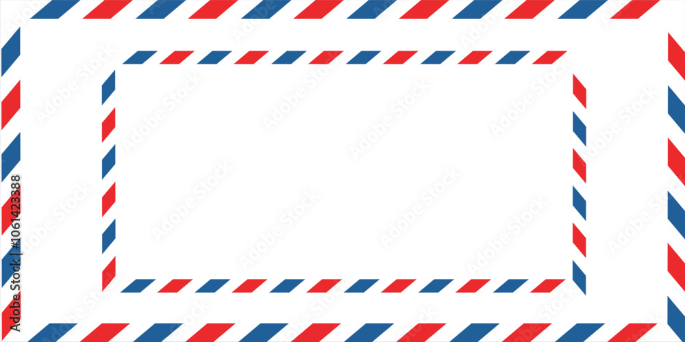 Obraz premium Airmail envelope frame with blue and red stripes on white background. International vintage letter border. Retro air mail postcard. Blank envelope. vektor