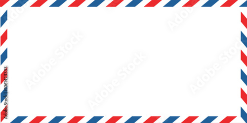Airmail envelope frame with blue and red stripes on white background. International vintage letter border. Retro air mail postcard. Blank envelope.