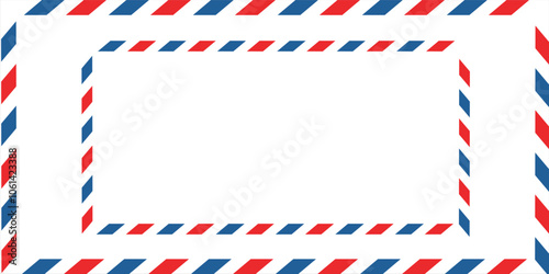 Airmail envelope frame with blue and red stripes on white background. International vintage letter border. Retro air mail postcard. Blank envelope. vektor