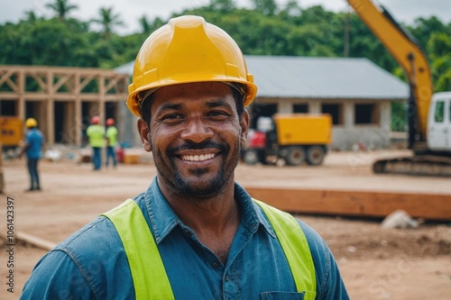 Close portrait of a smiling 40s Belizean man construction worker looking at the camera, Belizean outdoors construction site blurred background