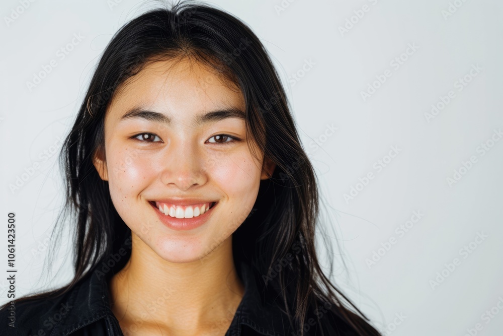Portrait of smiling Asian woman with black hair and brown eyes. Portrait of smiling Asian woman with black hair and brown eyes.