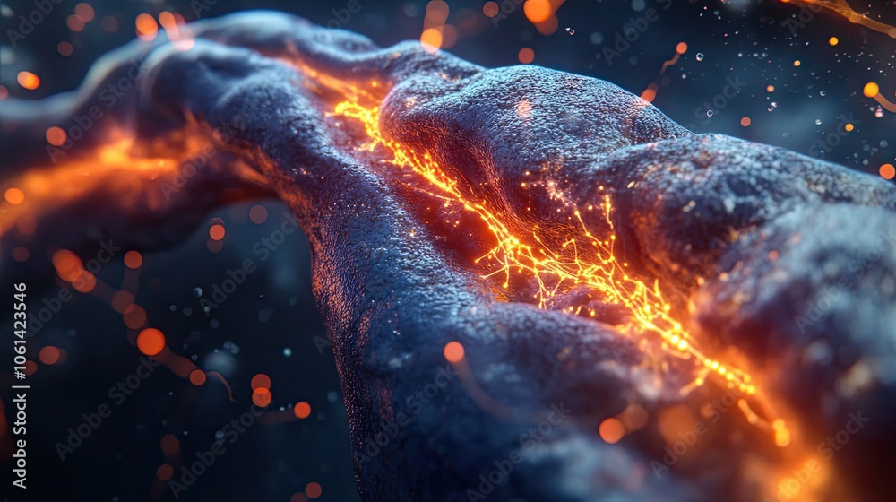 A close-up view of glowing orange lines inside a dark blue, rough textured substance with bokeh. A close-up view of glowing orange lines inside a dark blue, rough textured substance with bokeh.