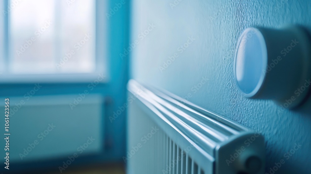A close-up of a radiator and thermostat in a blue room, emphasizing heating elements. A close-up of a radiator and thermostat in a blue room, emphasizing heating elements.