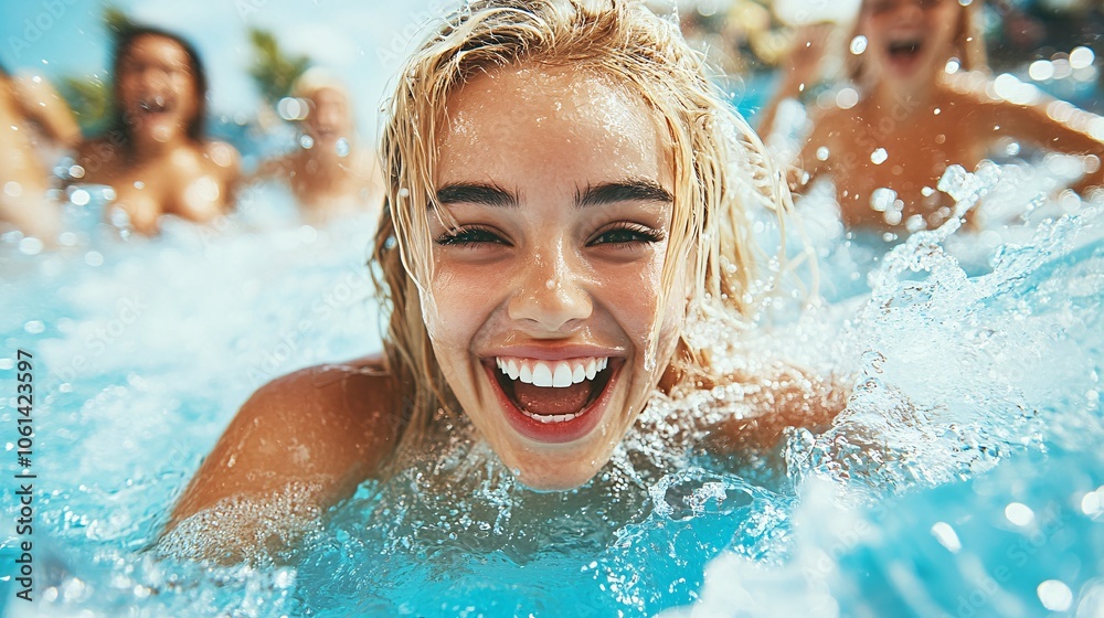 a woman emerging from the end of a large, metallic water slide into a body of water. She has a bright, cheerful expression and appears to be laughing or exclaiming in excitement. a woman emerging from the end of a large, metallic water slide into a body of water. She has a bright, cheerful expression and appears to be laughing or exclaiming in excitement.