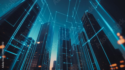 Smart digital city with connection cyber security network reciprocity over the cityscape . future smart wireless digital city and social media networking systems that connects people within the city