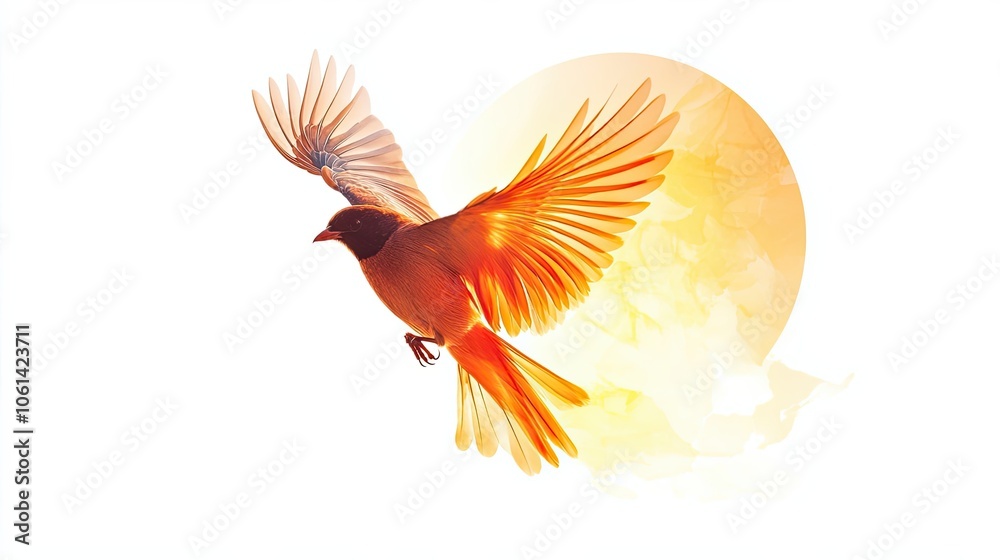 Fototapeta premium Orange Bird with Spread Wings Flying Towards a Yellow Circle