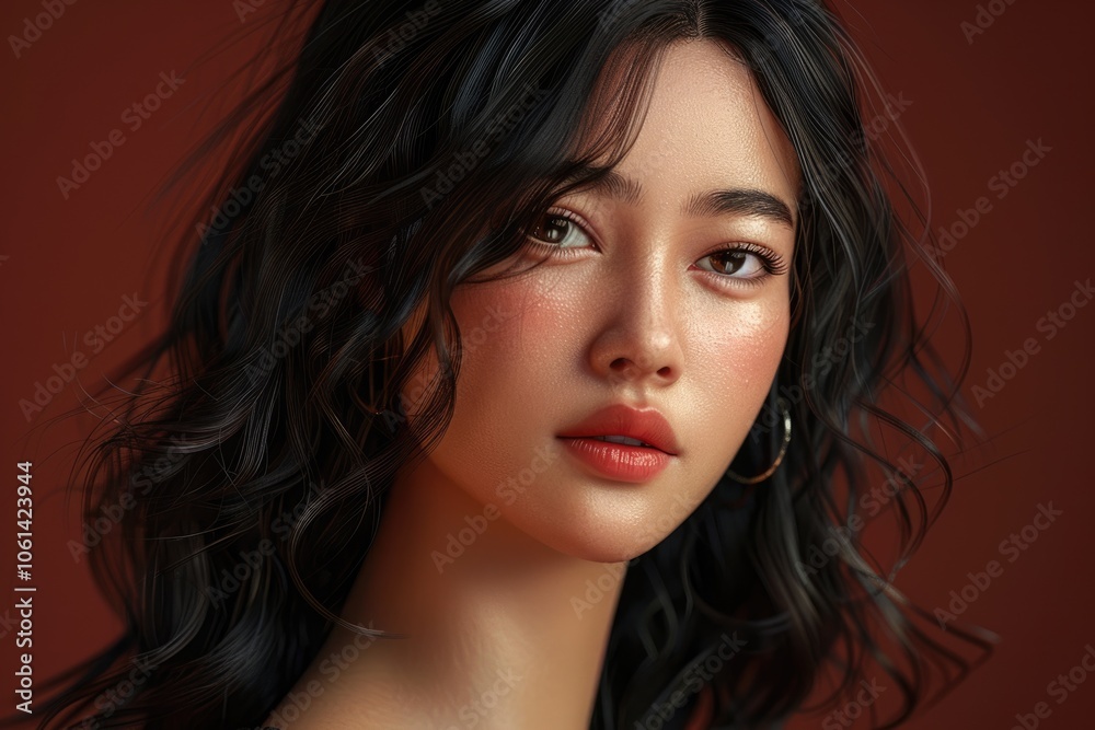 Fototapeta premium Beautiful Asian woman with black hair and brown eyes stands