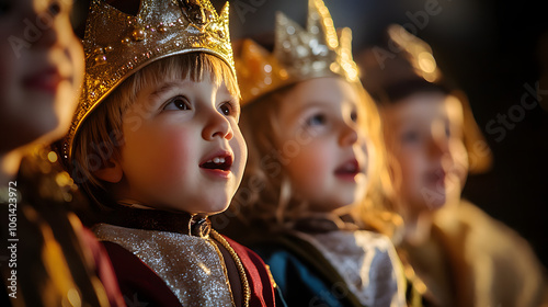 A group of children reenacting the journey of the three wise men following the star to Bethlehem.