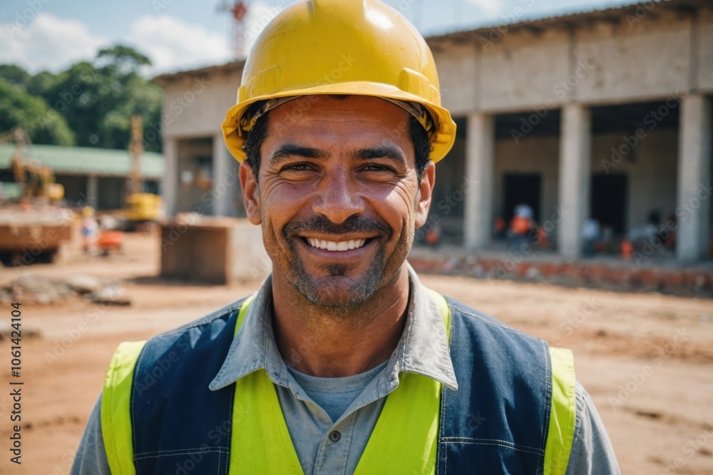 Close portrait of a smiling 40s Brazilian man construction worker looking at the camera, Brazilian outdoors construction site blurred background Close portrait of a smiling 40s Brazilian man construction worker looking at the camera, Brazilian outdoors construction site blurred background