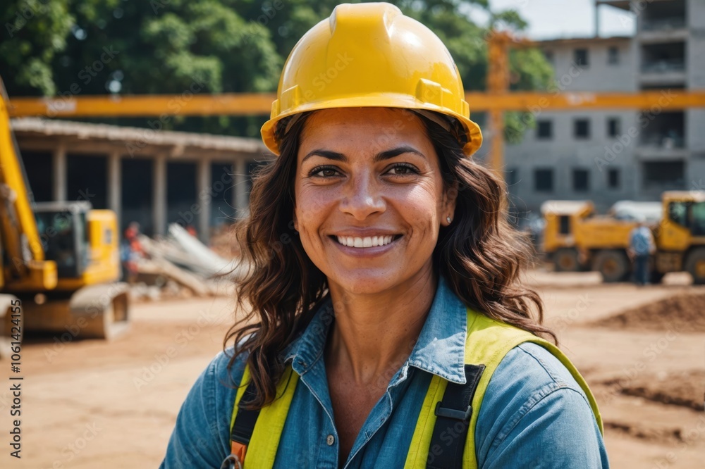 Close portrait of a smiling 40s Brazilian woman construction worker looking at the camera, Brazilian outdoors construction site blurred background Close portrait of a smiling 40s Brazilian woman construction worker looking at the camera, Brazilian outdoors construction site blurred background