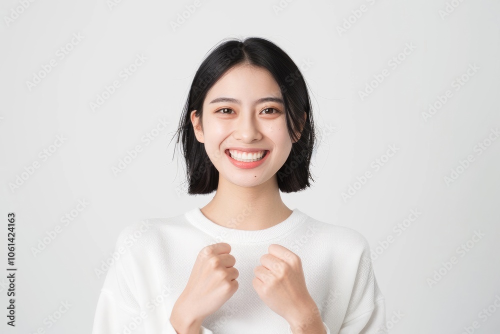 Asian student smiles and raises hand in studio. Asian student smiles and raises hand in studio.