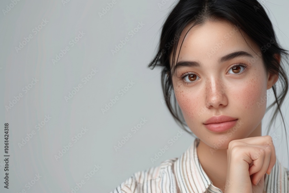 Asian woman in office attire poses with copy space. Asian woman in office attire poses with copy space.
