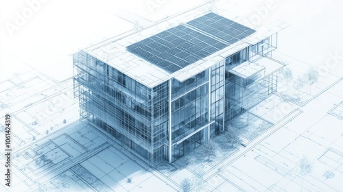 Architectural blueprint of a modern office building with solar panels on the roof.