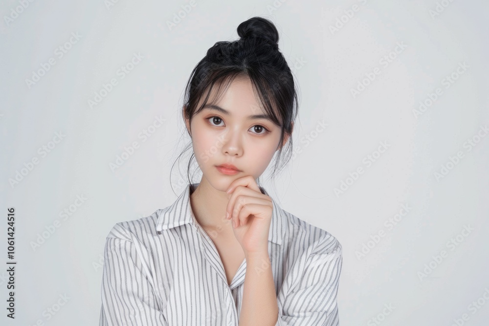 Puzzled Asian girl in office attire looks thoughtfully at camera. Puzzled Asian girl in office attire looks thoughtfully at camera.