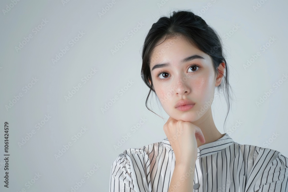 Puzzled Asian girl in office attire looks thoughtfully at camera. Puzzled Asian girl in office attire looks thoughtfully at camera.