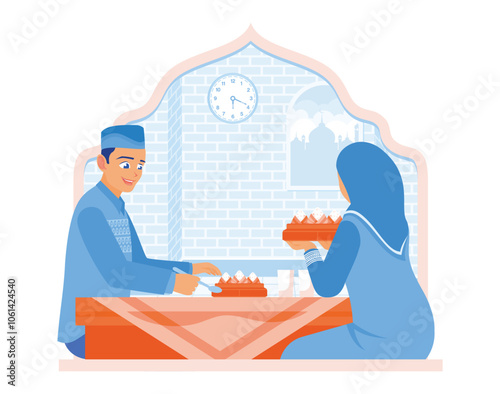 Muslim couple eating together at the dining table. Break the fast after a day of fasting. Ramadan Kareem concept. Flat vector illustration.