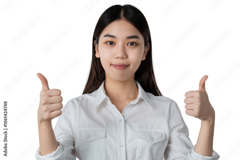 Asian woman in business attire giving thumbs up gesture. Asian woman in business attire giving thumbs up gesture.