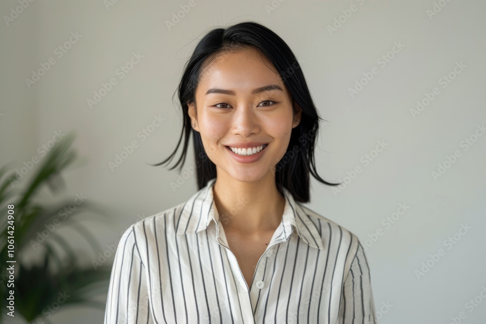 Happy Asian girl in office attire smiles sweetly. Happy Asian girl in office attire smiles sweetly.