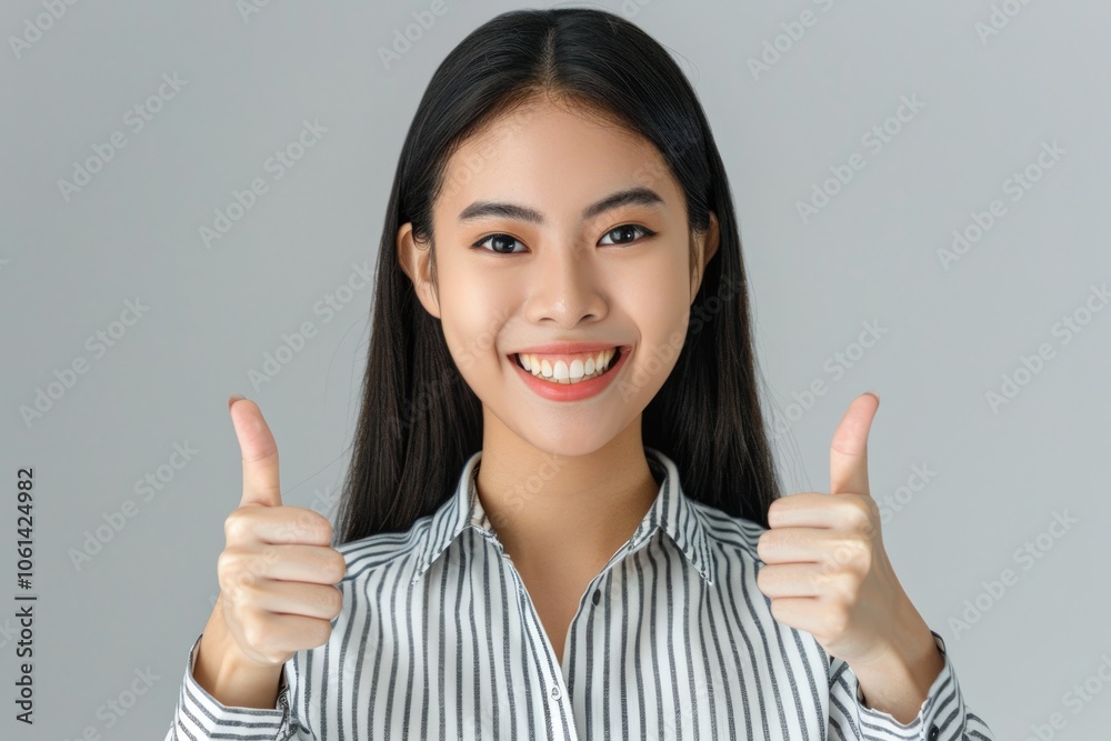 Asian woman with white teeth laughs and gives thumbs up. Asian woman with white teeth laughs and gives thumbs up.
