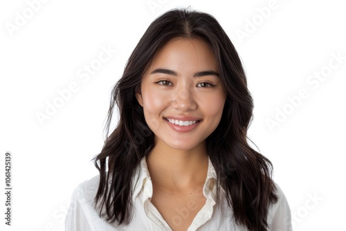 Beautiful young Asian woman smiling in studio portrait.