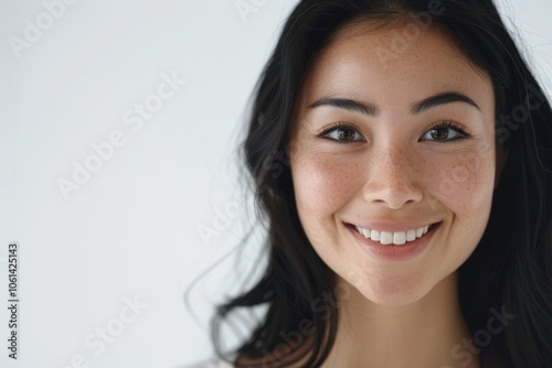 Beautiful young Asian woman smiling in studio portrait.