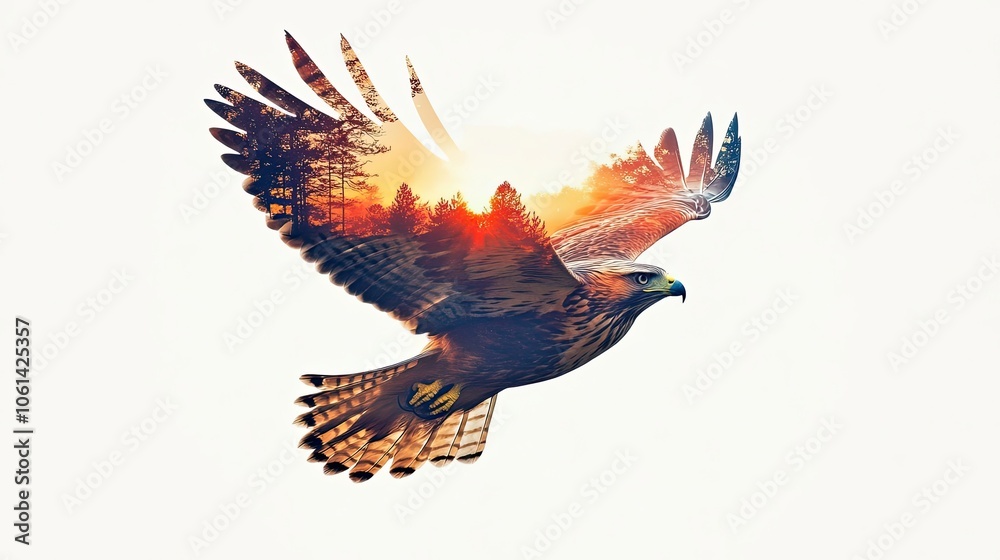 Obraz premium A Hawk in Flight with a Forest and Sunset Overlay