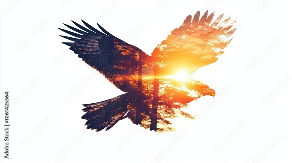 Obraz premium Eagle Silhouette with Overlaid Forest and Sunset