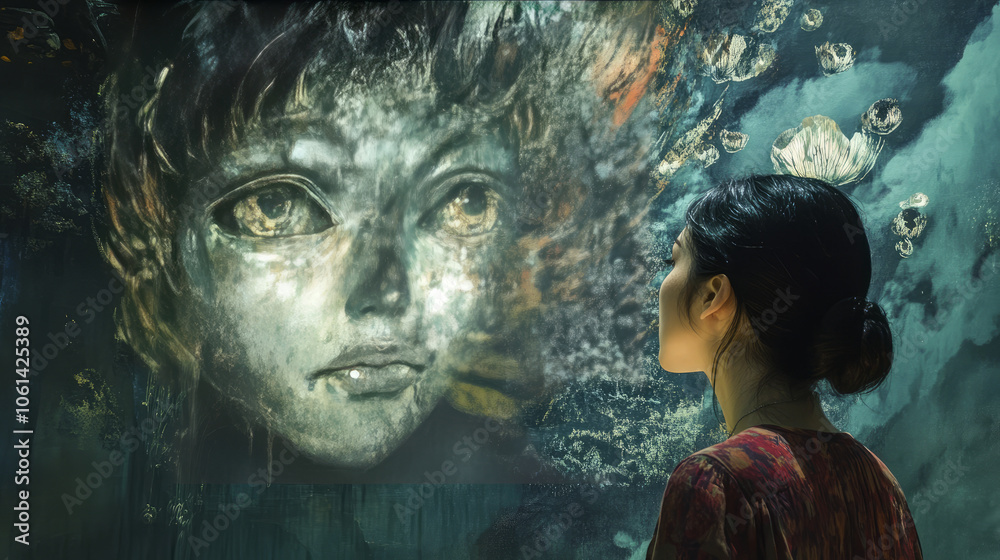 At the art gallery, a woman is seen exploring the captivating artworks. At the art gallery, a woman is seen exploring the captivating artworks.