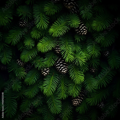 Fir branches and cones green needle abstract background Christmas texture. Square composition.