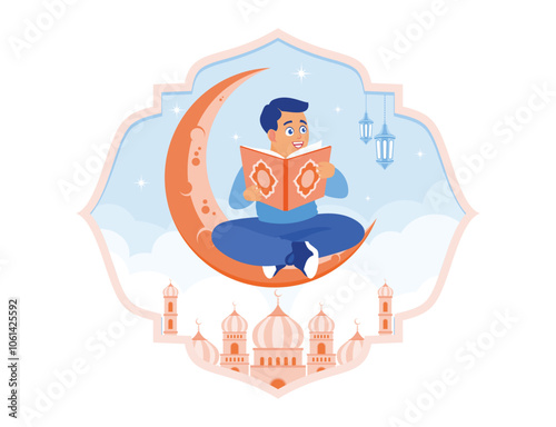 Boy sitting on the crescent moon. Learn to read the Koran. Ramadan Kareem concept. Flat vector illustration.