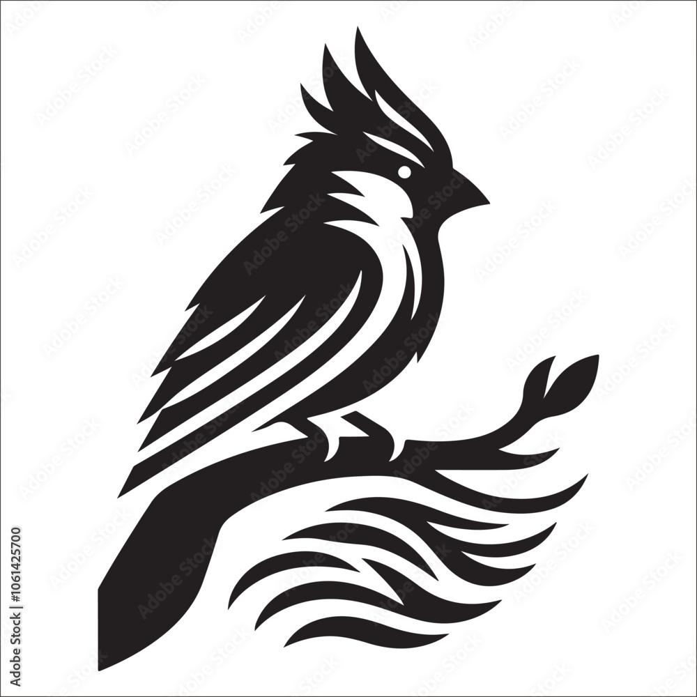 Fototapeta premium Stylized cardinal bird logo icon in black and white vector format, minimalist songbird silhouette perched on a tree branch, modern avian wildlife illustration for branding and nature decor.