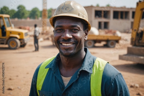 Close portrait of a smiling 40s Chadian man construction worker looking at the camera, Chadian outdoors construction site blurred background photo