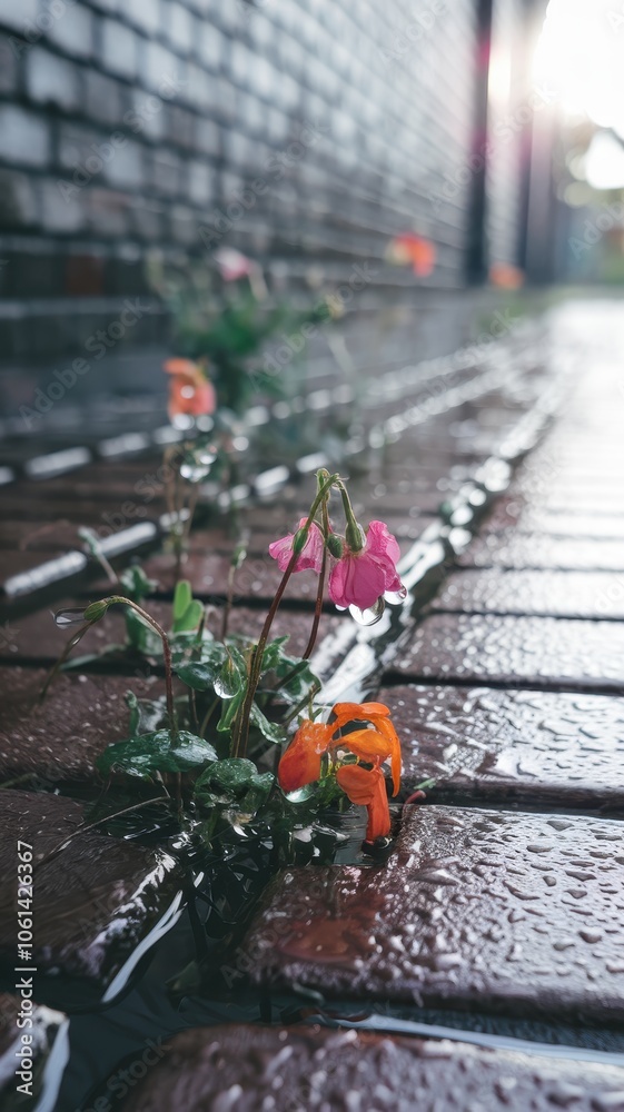 Naklejka premium Flowers growing in cracks of brick sidewalk, rain puddles and wet reflections