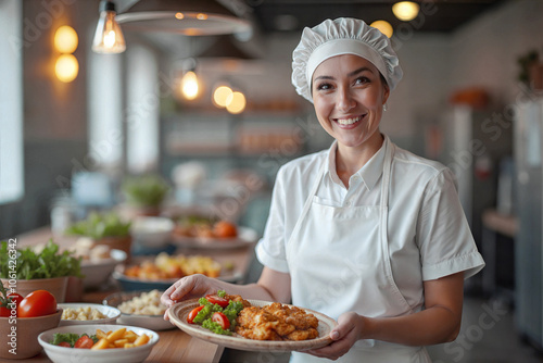 Cafeteria setting with a smiling lunch lady in a hairnet, welcoming food service environment