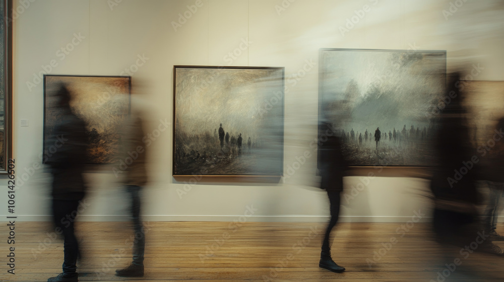 In an art gallery, people wandered past the paintings, creating a hazy effect as they moved.